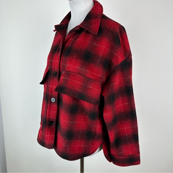 ZARA Red Black Plaid Oversized Flannel Jacket Size Small - Picture 5 of 8
